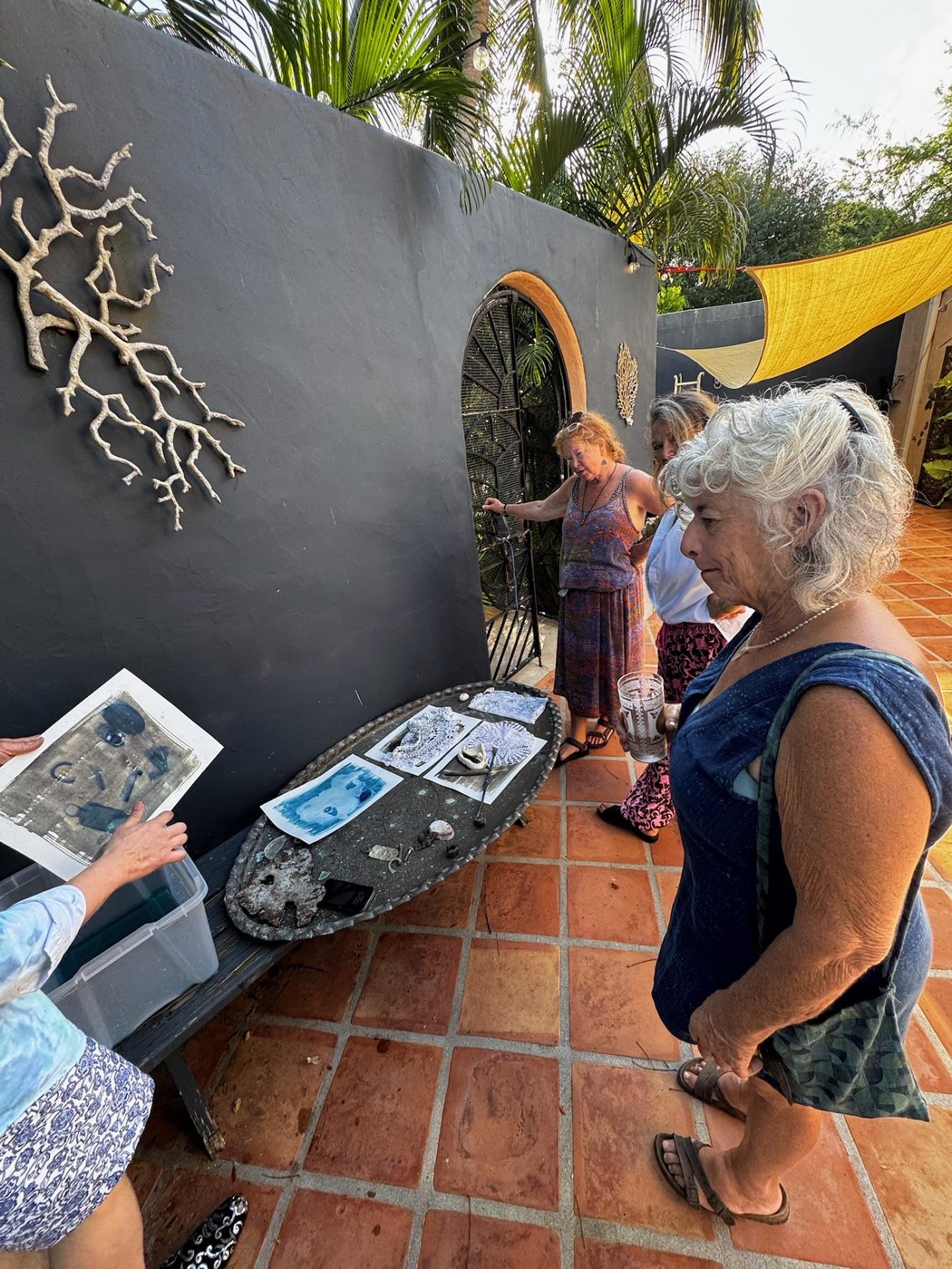 Participants look at cyanotype prints during Daniel’s residency